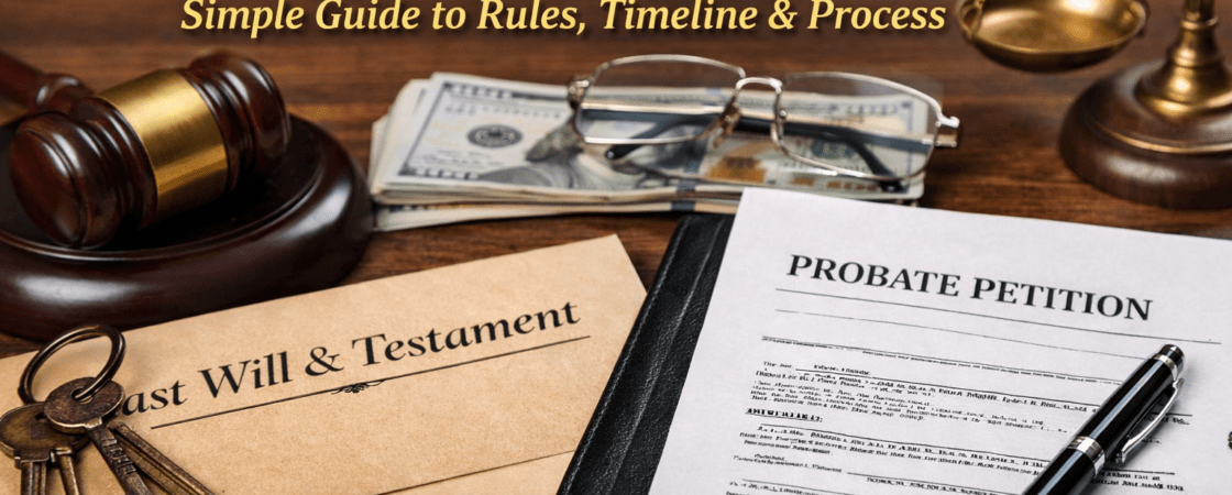 Texas probate law documents with will, gavel, and estate papers