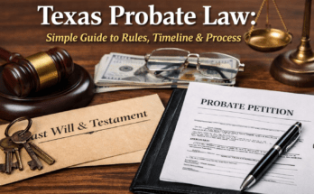 Texas probate law documents with will, gavel, and estate papers
