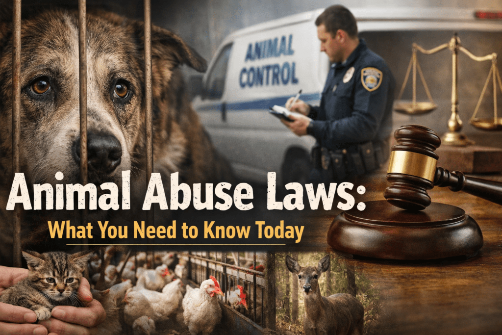 Animal abuse laws concept showing rescued dog, police officer, and legal gavel