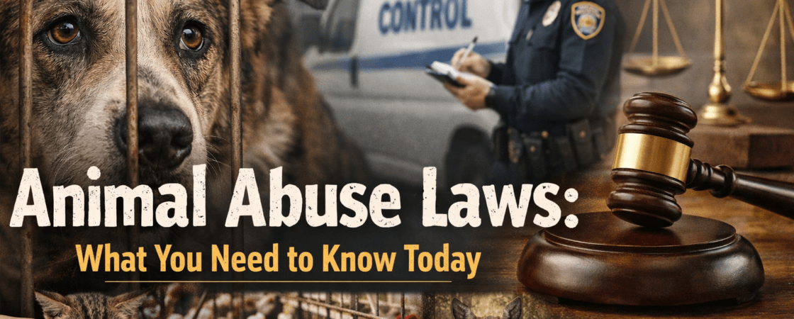 Animal abuse laws concept showing rescued dog, police officer, and legal gavel