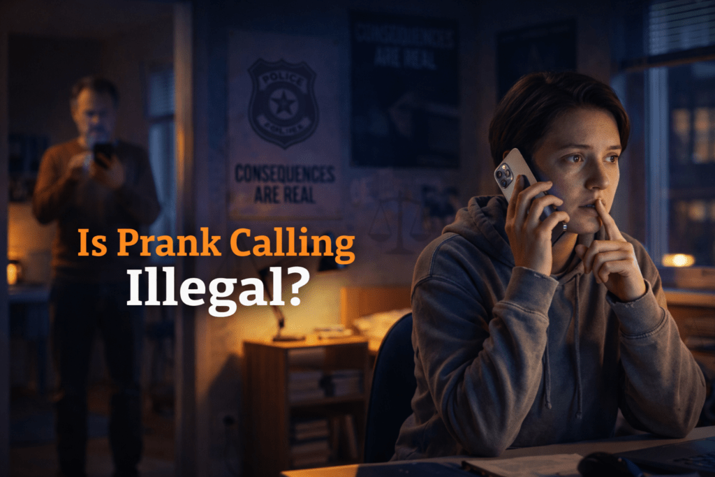 Prank calling scene with worried person on phone showing legal consequences