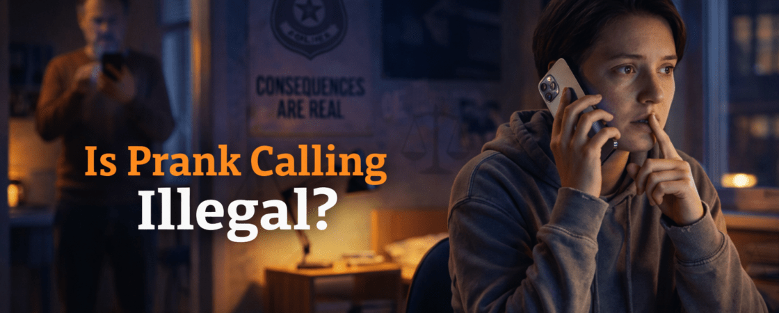 Prank calling scene with worried person on phone showing legal consequences