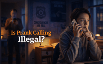 Prank calling scene with worried person on phone showing legal consequences
