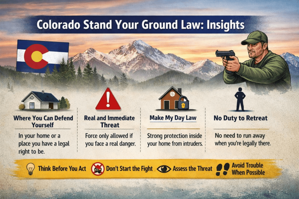 Colorado stand your ground law infographic showing self-defense rules and Make My Day law overview