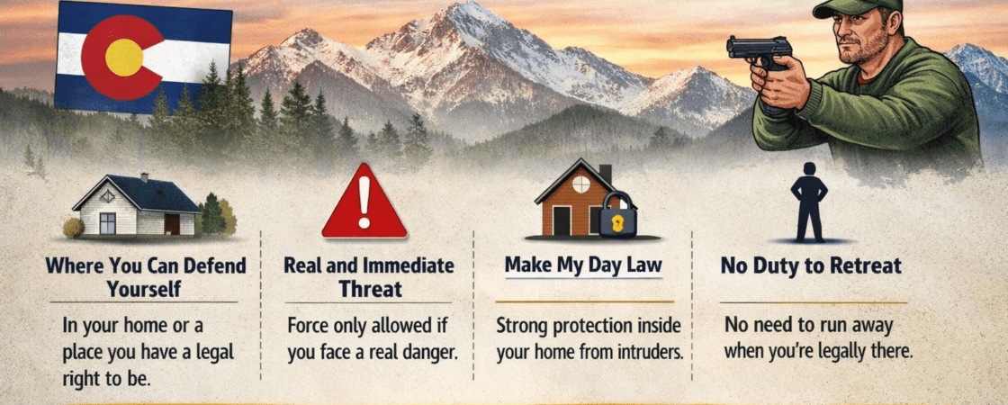 Colorado stand your ground law infographic showing self-defense rules and Make My Day law overview