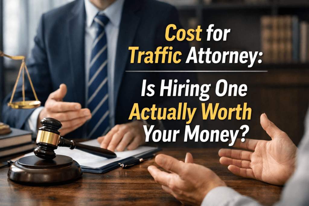 Traffic attorney discussing case with client showing legal cost and value concept