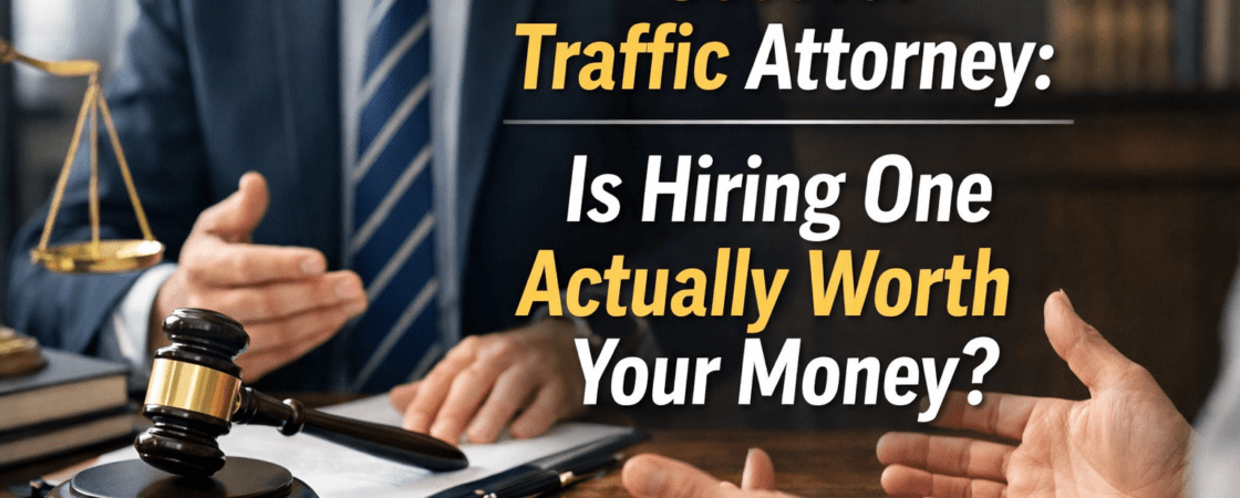 Traffic attorney discussing case with client showing legal cost and value concept