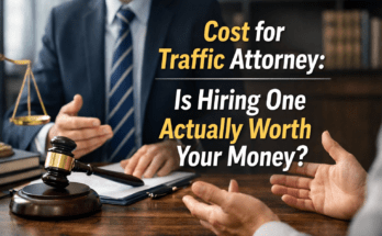 Traffic attorney discussing case with client showing legal cost and value concept