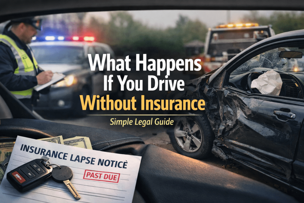 Police checking car accident scene with uninsured driver and damaged vehicle