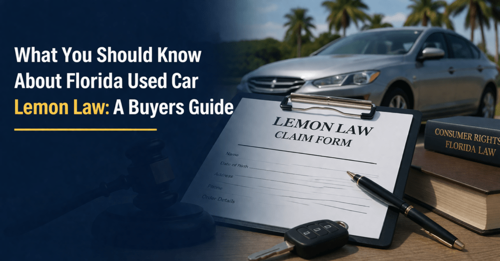 Florida used car lemon law guide with contract, car, and legal gavel