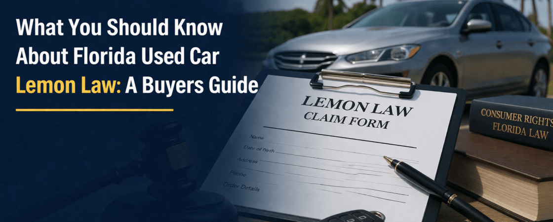 Florida used car lemon law guide with contract, car, and legal gavel