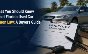 Florida used car lemon law guide with contract, car, and legal gavel