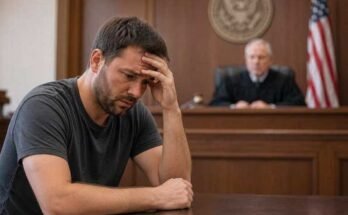 Worried man sitting in a courtroom after missing a court date