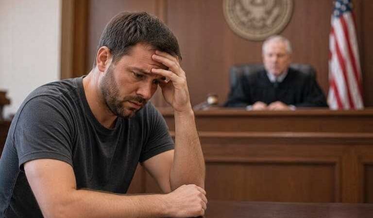 Worried man sitting in a courtroom after missing a court date