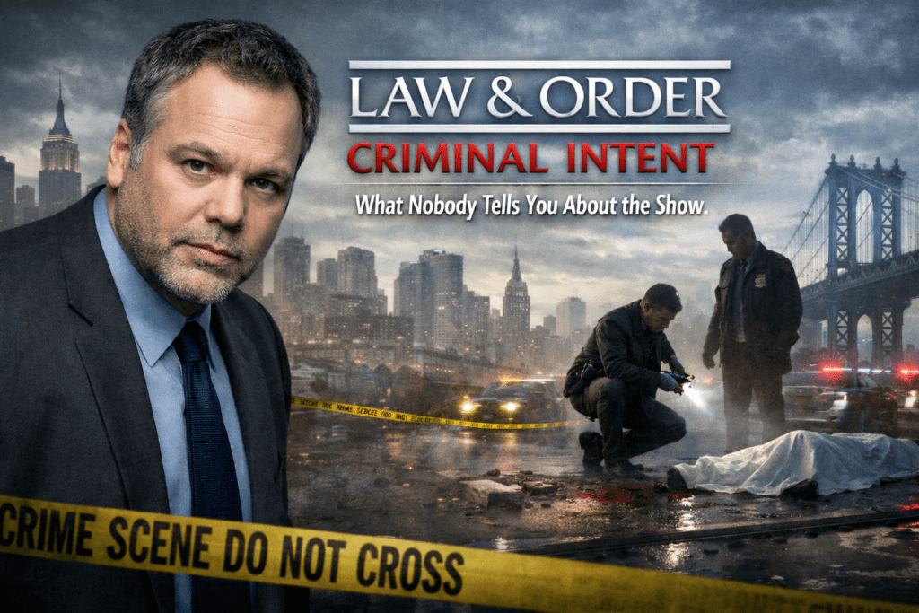 Law and Order Criminal Intent detective at crime scene with city background
