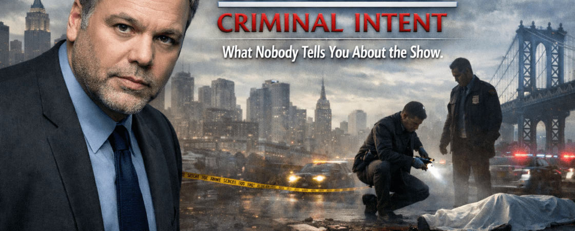 Law and Order Criminal Intent detective at crime scene with city background