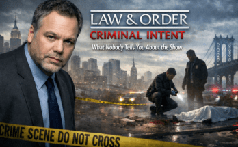 Law and Order Criminal Intent detective at crime scene with city background