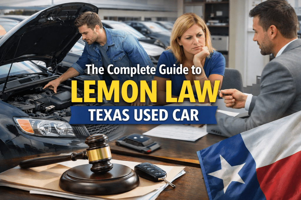Used car inspection and dealership discussion with legal concept in Texas