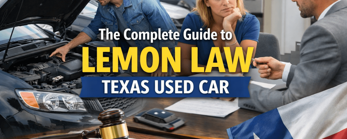 Used car inspection and dealership discussion with legal concept in Texas