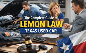 Used car inspection and dealership discussion with legal concept in Texas