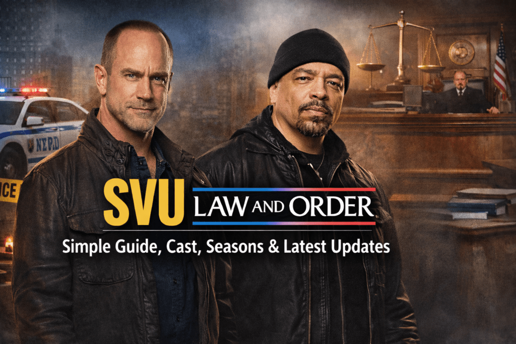 SVU Law and Order banner with detectives and courtroom background