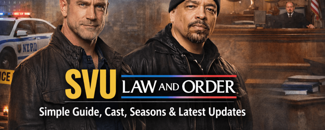 SVU Law and Order banner with detectives and courtroom background