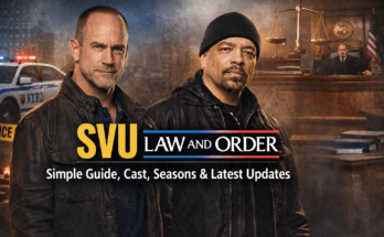 SVU Law and Order banner with detectives and courtroom background
