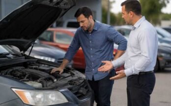 Man inspecting a used car with a dealer before purchase in Texas