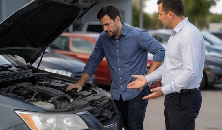 Man inspecting a used car with a dealer before purchase in Texas