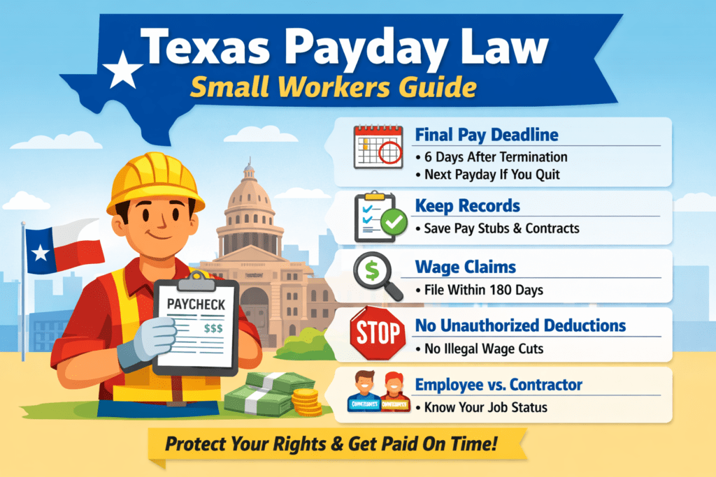 Texas Payday Law small workers guide infographic showing final paycheck rules and worker rights