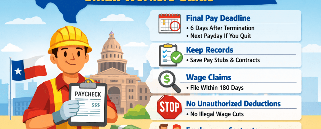 Texas Payday Law small workers guide infographic showing final paycheck rules and worker rights
