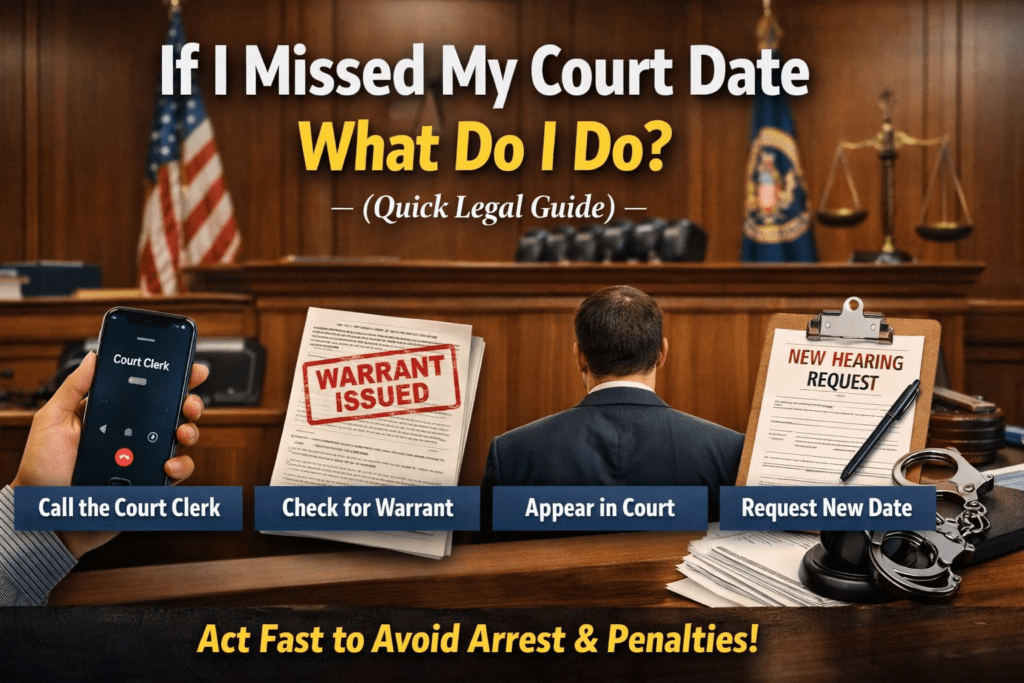 Missed court date legal guide showing steps to contact court and resolve warrant