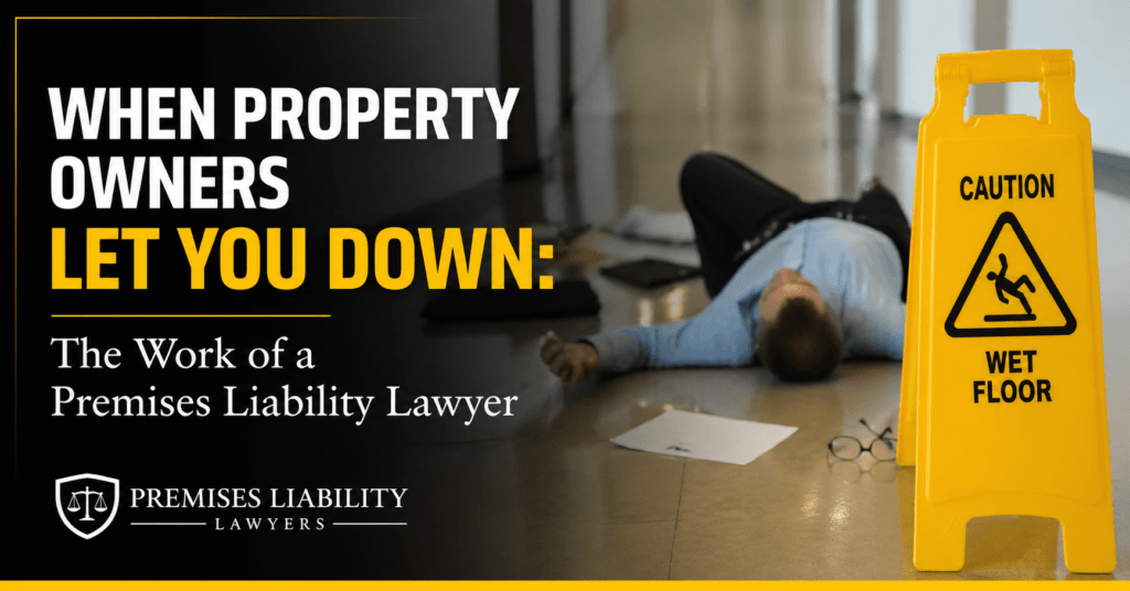 Premises liability lawyer concept showing slip and fall accident with wet floor caution sign