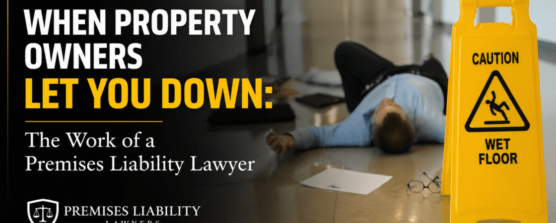 Premises liability lawyer concept showing slip and fall accident with wet floor caution sign