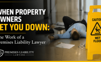 Premises liability lawyer concept showing slip and fall accident with wet floor caution sign