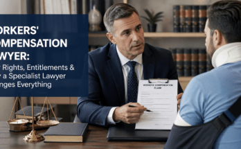 Workers’ compensation lawyer consulting injured client about claim rights and benefits