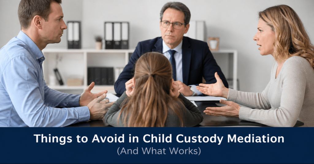 Child custody mediation session with parents arguing and mediator helping resolve conflict