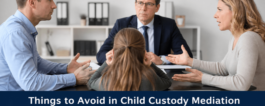 Child custody mediation session with parents arguing and mediator helping resolve conflict