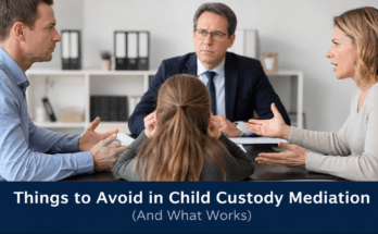 Child custody mediation session with parents arguing and mediator helping resolve conflict