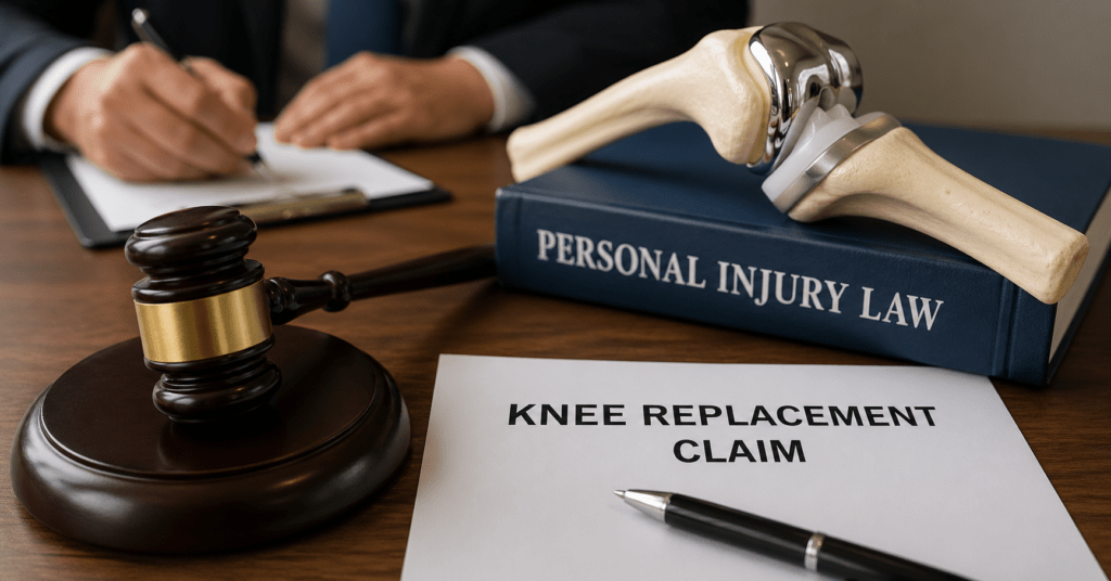 Faulty knee replacement claim with legal gavel and implant model