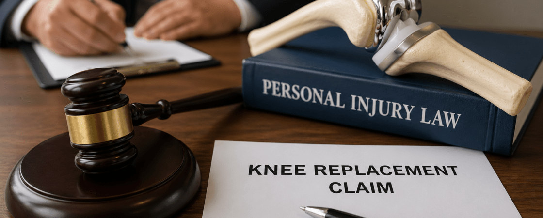 Faulty knee replacement claim with legal gavel and implant model