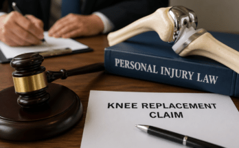 Faulty knee replacement claim with legal gavel and implant model