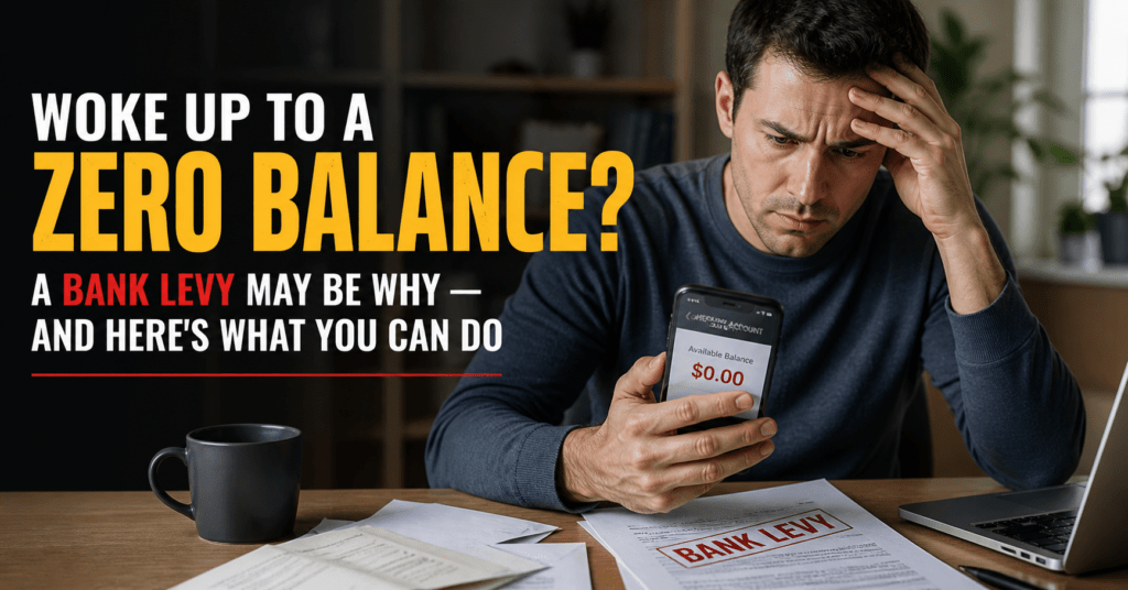 Worried man checking phone showing zero bank balance with levy notice papers