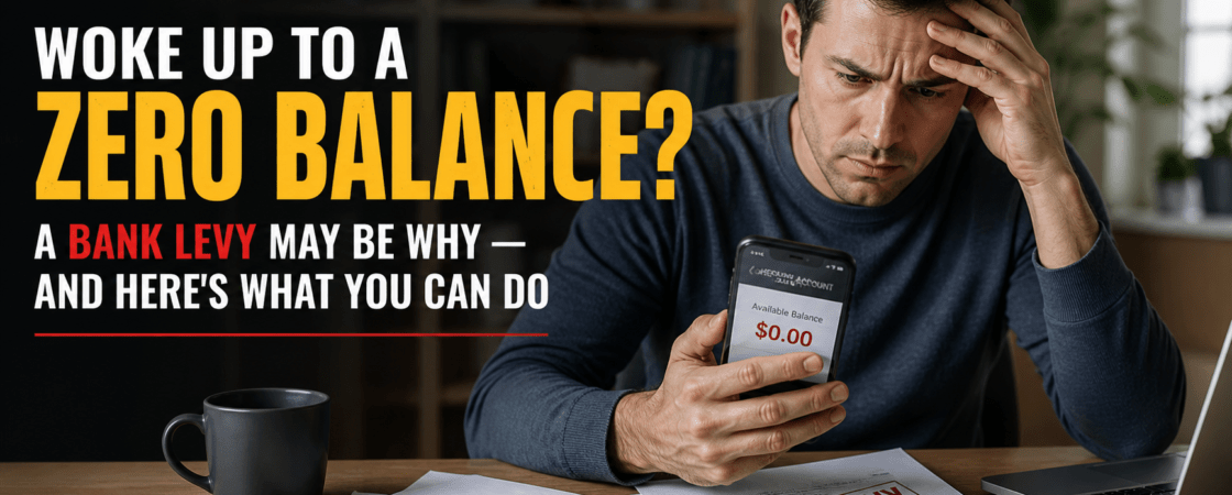 Worried man checking phone showing zero bank balance with levy notice papers