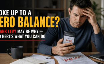 Worried man checking phone showing zero bank balance with levy notice papers
